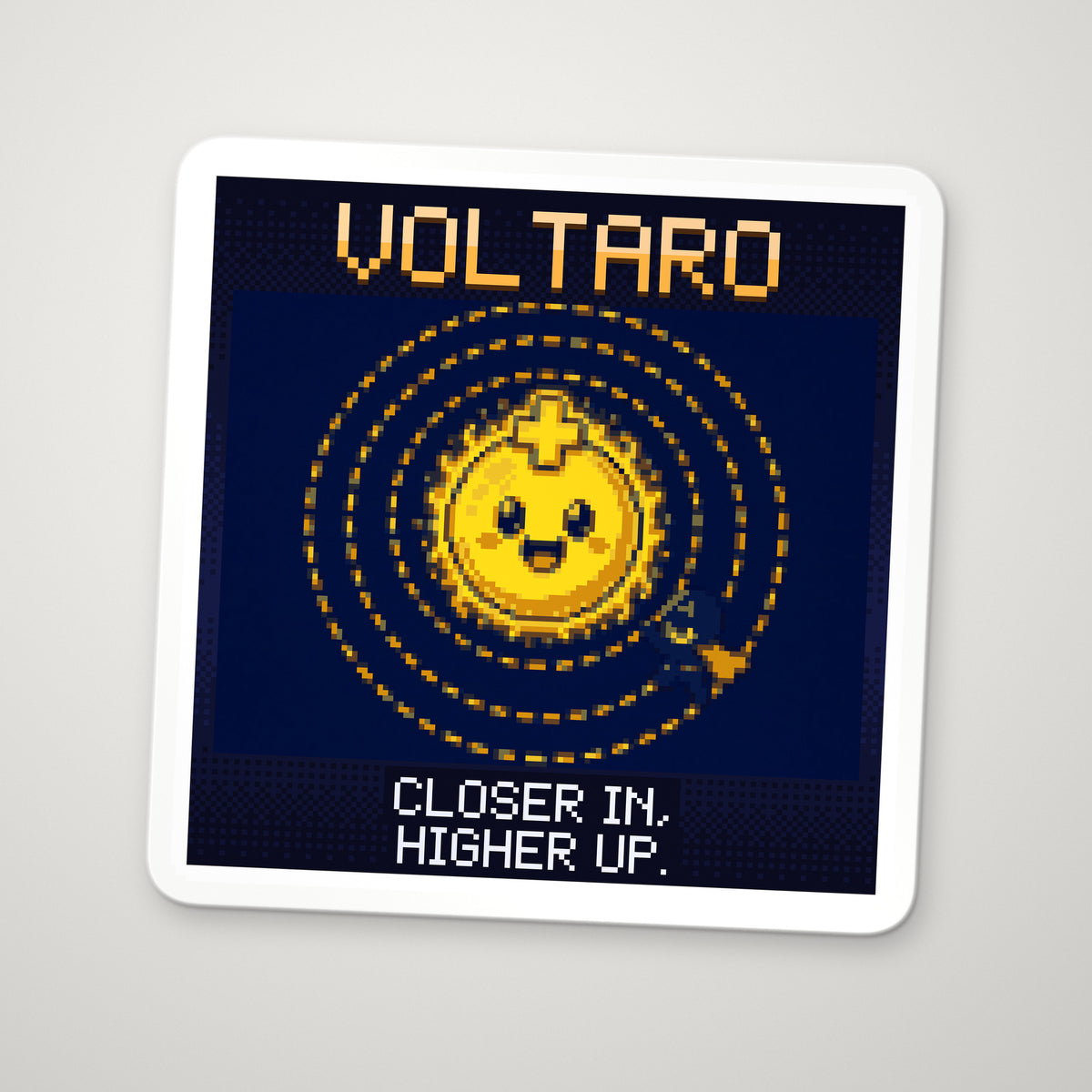 Pixel-art sticker of Voltaro, personifying Electric Potential of a Point Charge, with the caption “Closer In, Higher Up.”