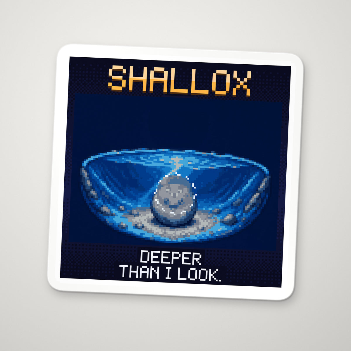 Pixel-art sticker of Shallox, personifying Apparent Depth, with the caption “Deeper Than I Look.”