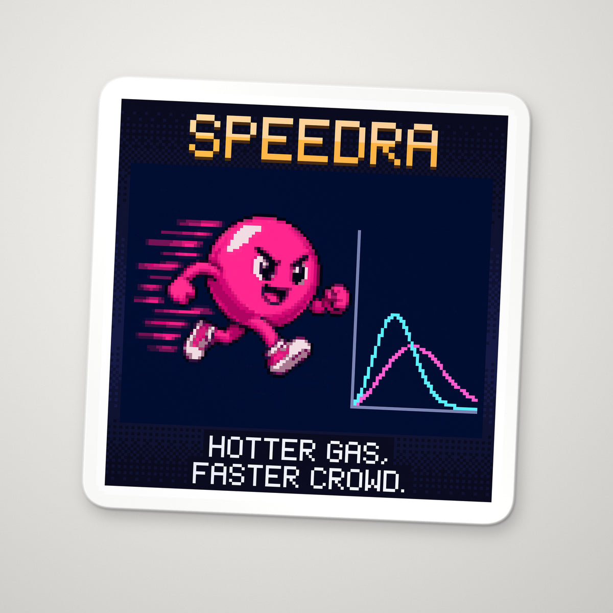 Pixel-art sticker of Speedra, personifying RMS Speed of Gas Molecules, with the caption “Hotter Gas, Faster Crowd.”