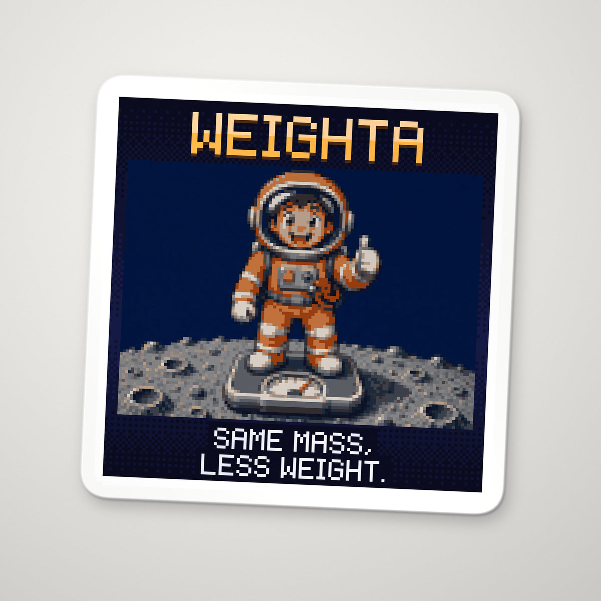Pixel-art sticker of Weighta, personifying Weight and Mass, with the caption “Same Mass, Less Weight.”