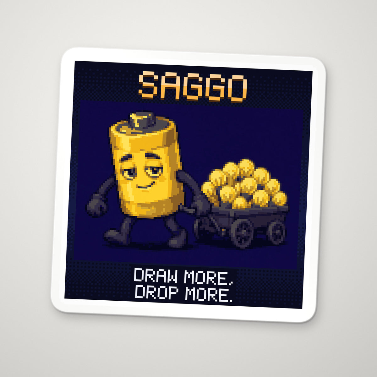 Pixel-art sticker of Saggo, personifying Internal Resistance, with the caption “Draw More, Drop More.”