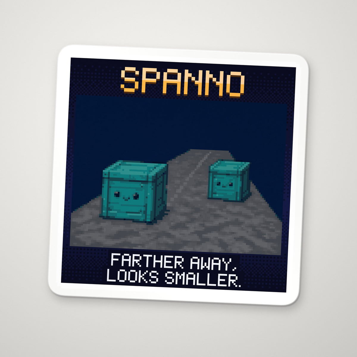 Pixel-art sticker of Spanno, personifying Angular Size, with the caption “Farther Away, Looks Smaller.”