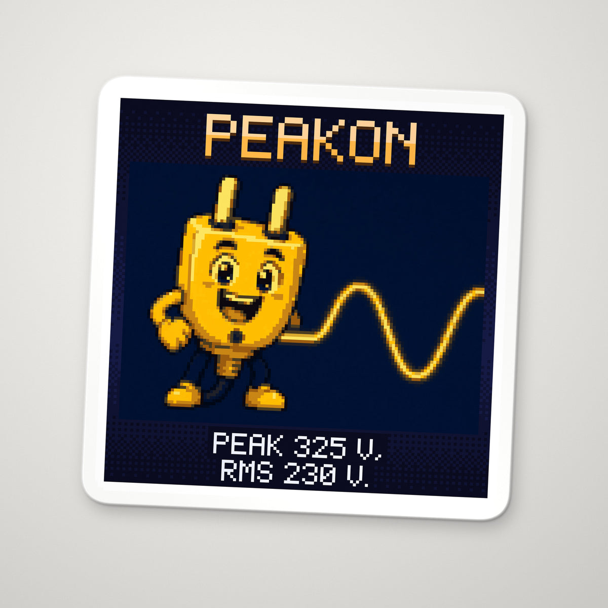 Pixel-art sticker of Peakon, personifying RMS Voltage, with the caption “Peak 325 V, RMS 230 V.”