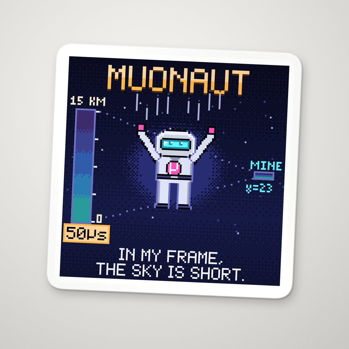 Muonaut navy pixel-art physics sticker, muon time dilation