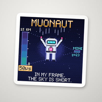 Muonaut navy pixel-art physics sticker, muon time dilation