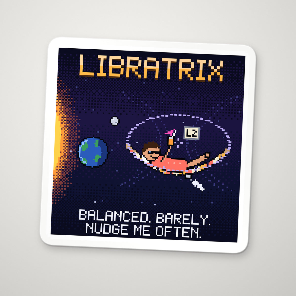 Libratrix navy pixel-art physics sticker, Lagrange points