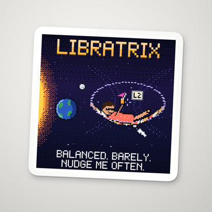 Libratrix navy pixel-art physics sticker, Lagrange points