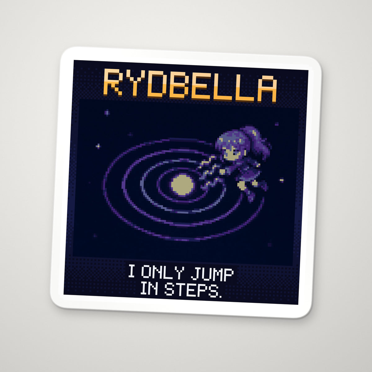 Pixel-art sticker of Rydbella, personifying Rydberg Formula, with the caption "I Only Jump In Steps."