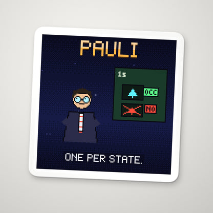 Wolfgang Pauli pixel-art physics sticker – the exclusion principle
