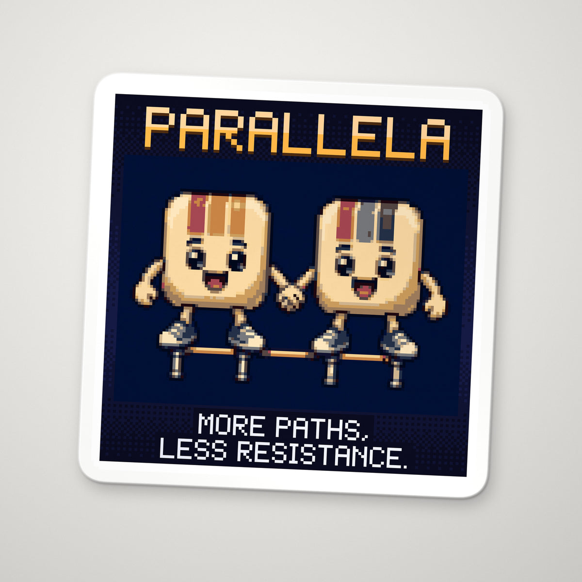 Pixel-art sticker of Parallela, personifying Resistors in Parallel, with the caption “More Paths, Less Resistance.”
