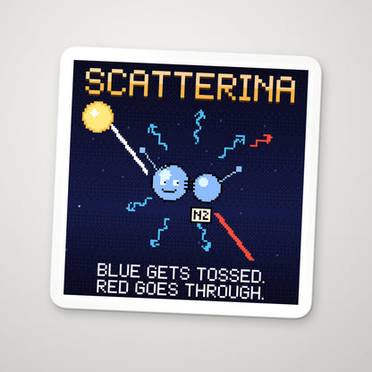 Scatterina pixel-art physics sticker – Rayleigh scattering