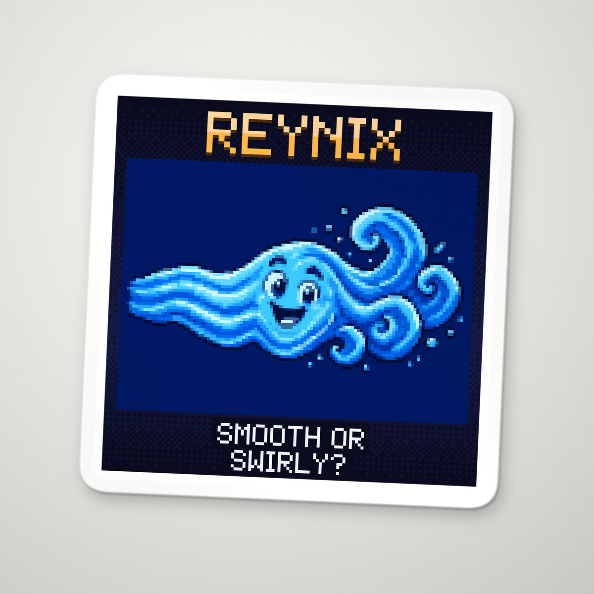 Pixel-art sticker of Reynix, personifying Reynolds Number, with the caption “Smooth Or Swirly?”