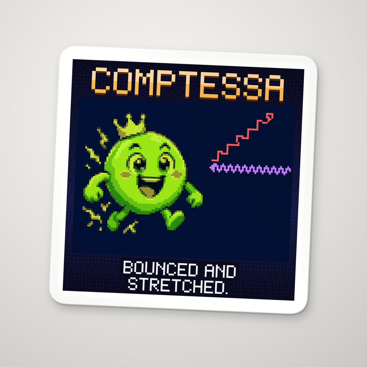 Pixel-art sticker of Comptessa, personifying Compton Scattering, with the caption “Bounced And Stretched.”