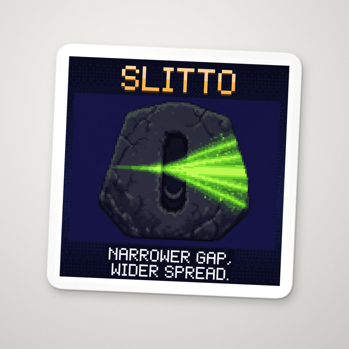 Pixel-art sticker of Slitto, personifying Single-Slit Diffraction, with the caption “Narrower Gap, Wider Spread.”