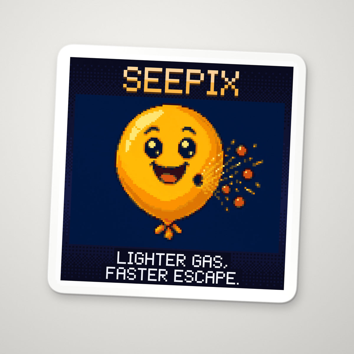 Pixel-art sticker of Seepix, personifying Graham's Law, with the caption “Lighter Gas, Faster Escape.”