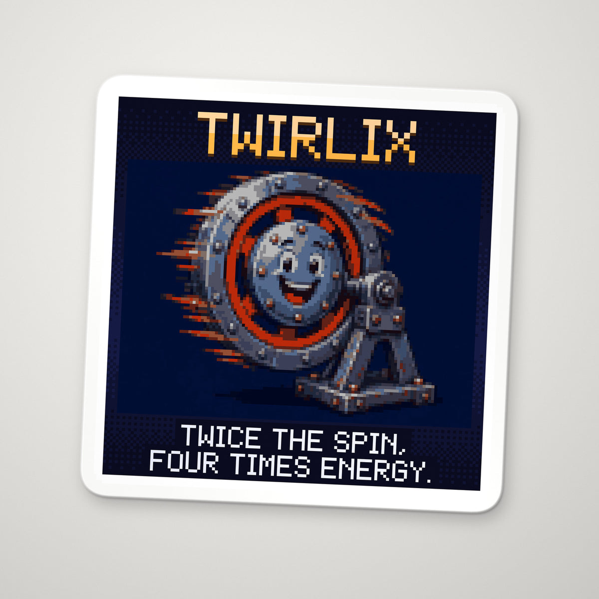 Pixel-art sticker of Twirlix, personifying Rotational Kinetic Energy, with the caption “Twice The Spin, Four Times Energy.”
