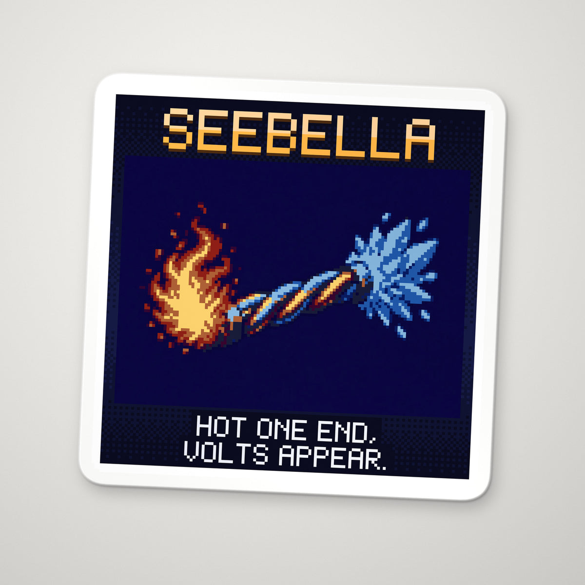 Pixel-art sticker of Seebella, personifying Thermoelectric Effect, with the caption “Hot One End, Volts Appear.”