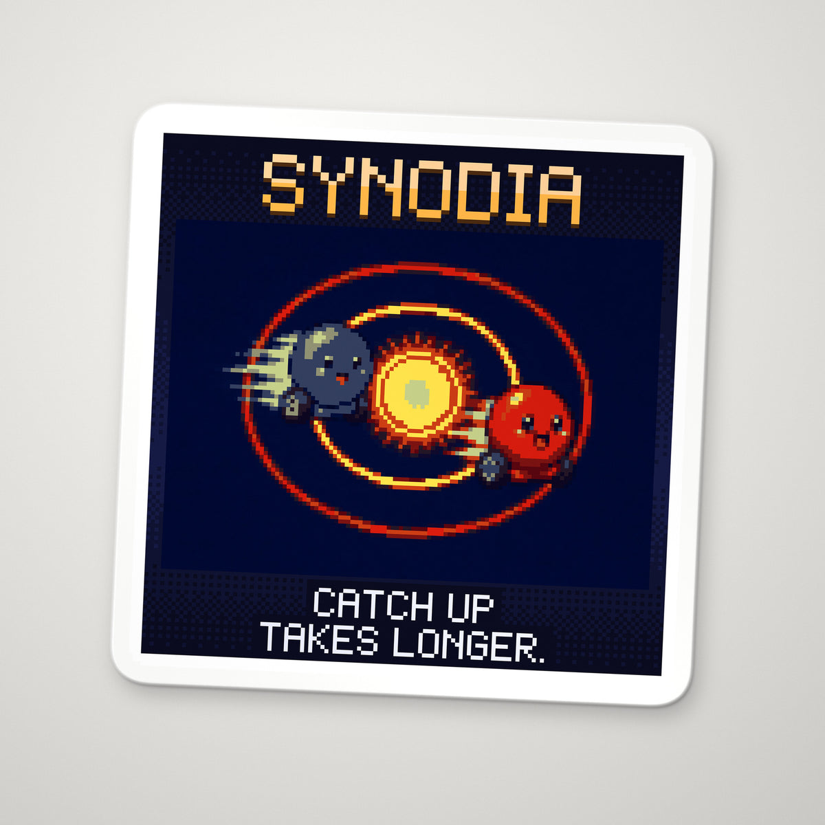 Pixel-art sticker of Synodia, personifying Synodic Period, with the caption “Catch Up Takes Longer.”