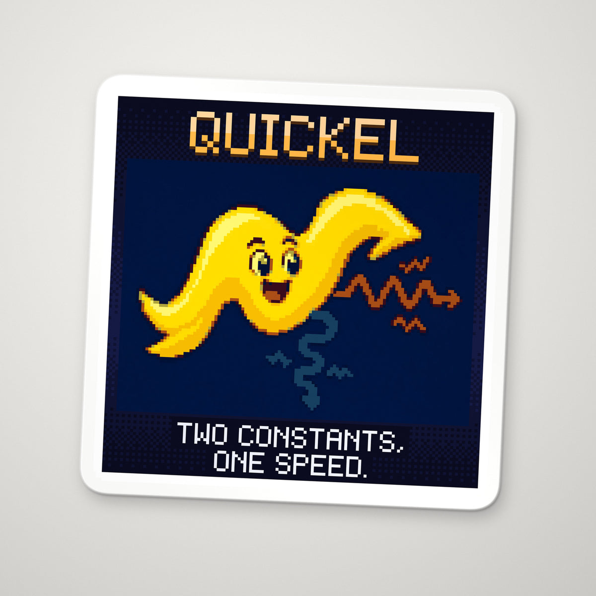 Pixel-art sticker of Quickel, personifying Speed of Light, with the caption “Two Constants, One Speed.”