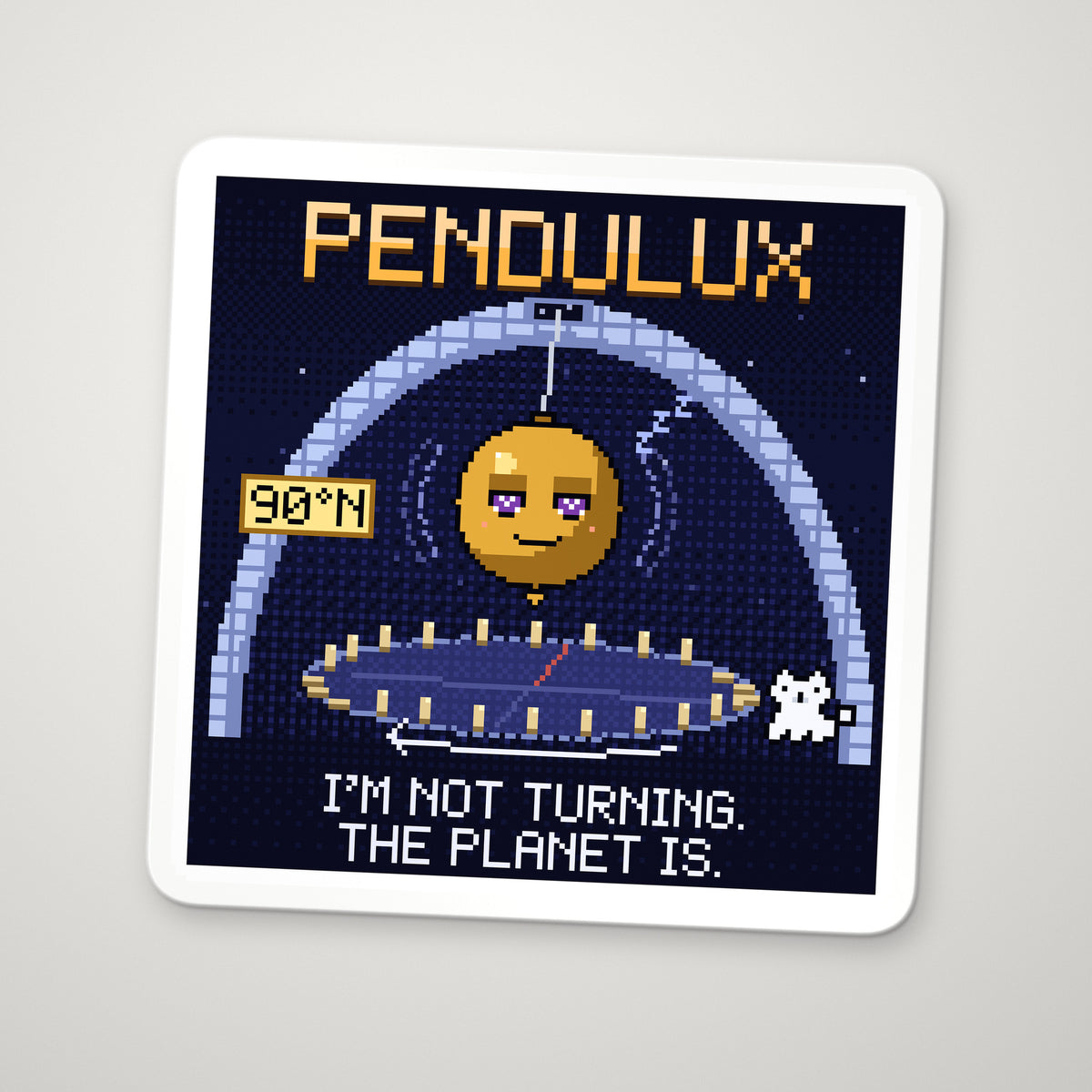 Pendulux navy pixel-art physics sticker, Foucault pendulum