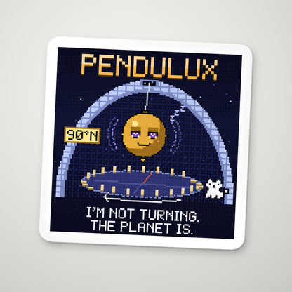 Pendulux navy pixel-art physics sticker, Foucault pendulum