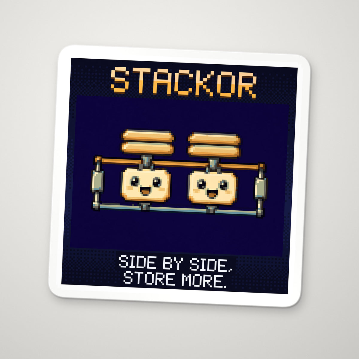 Pixel-art sticker of Stackor, personifying Capacitors in Parallel, with the caption “Side By Side, Store More.”