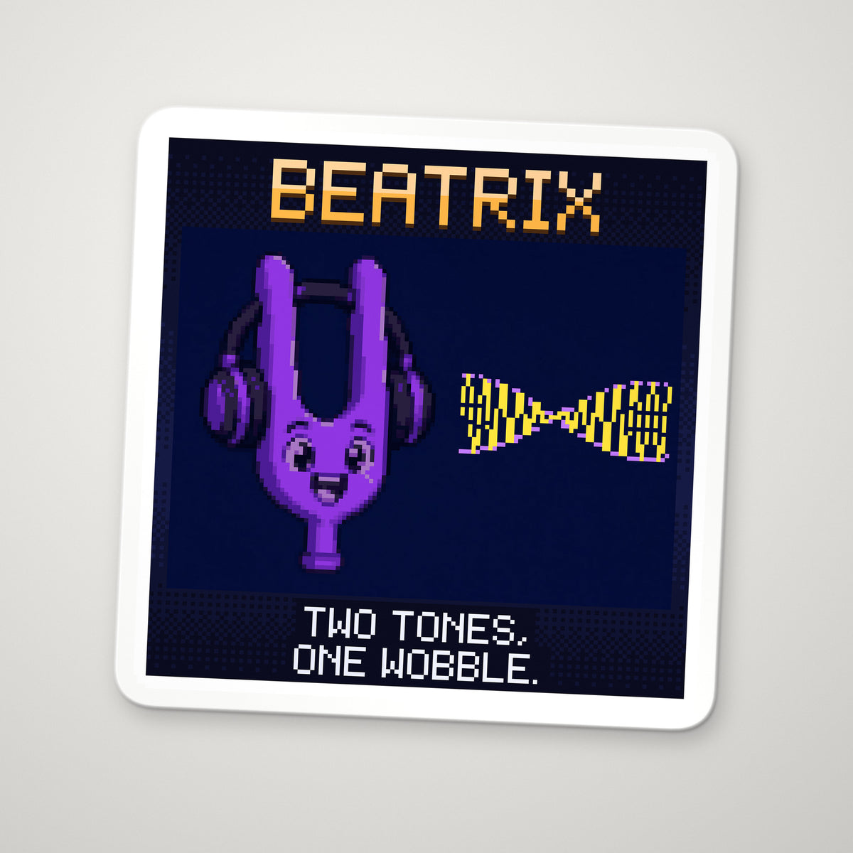 Pixel-art sticker of Beatrix, personifying Acoustic Beats, with the caption “Two Tones, One Wobble.”