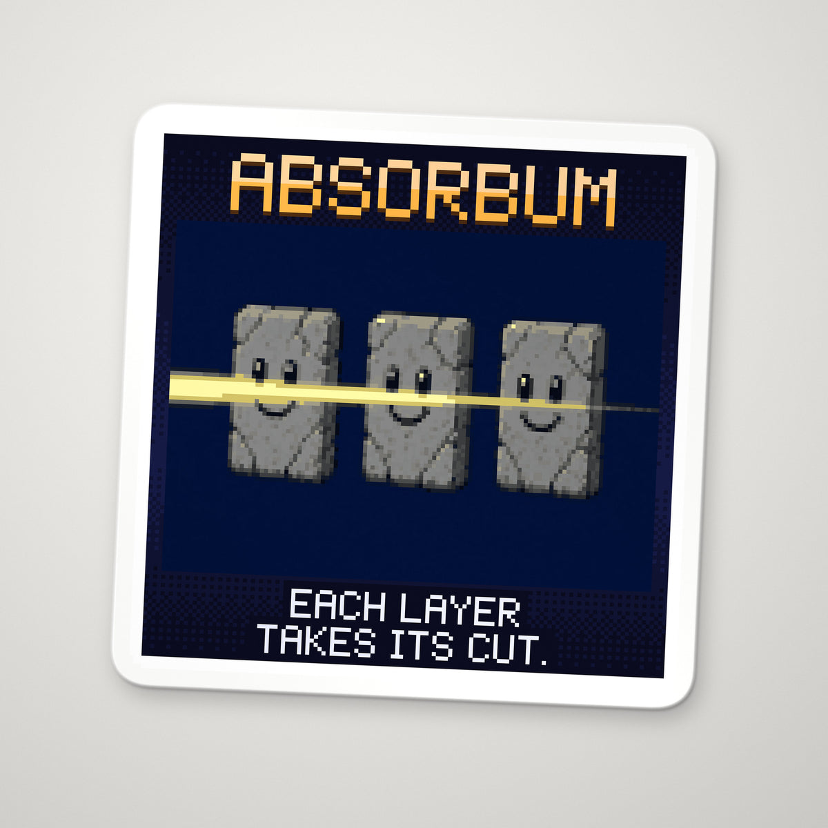 Pixel-art sticker of Absorbum, personifying Exponential Attenuation, with the caption “Each Layer Takes Its Cut.”