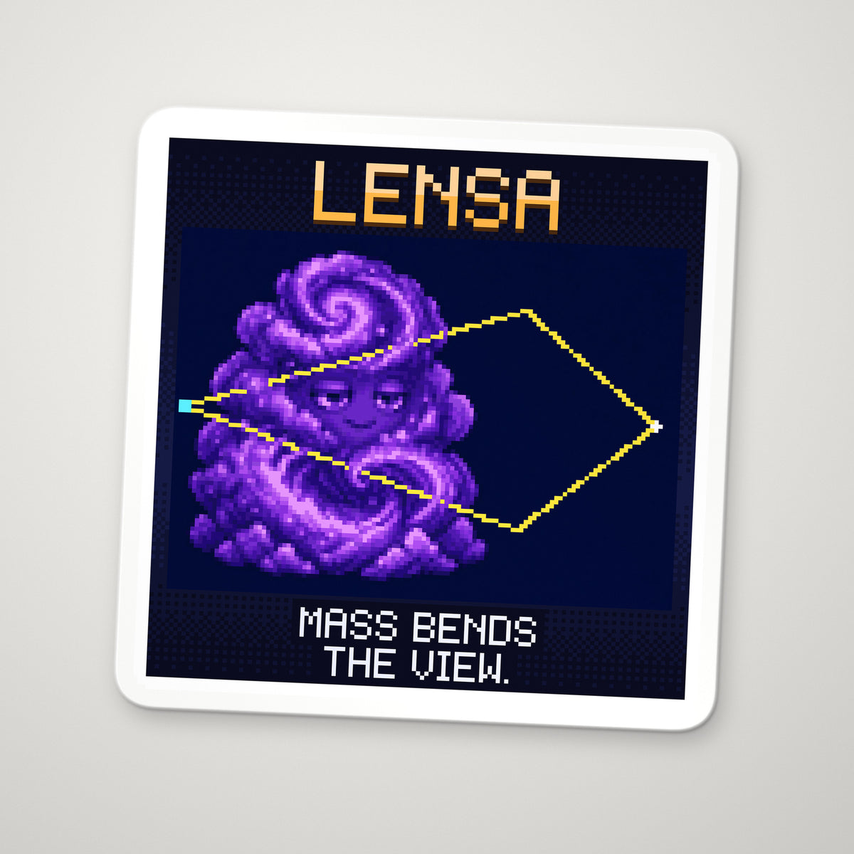 Pixel-art sticker of Lensa, personifying Gravitational Lensing, with the caption “Mass Bends The View.”
