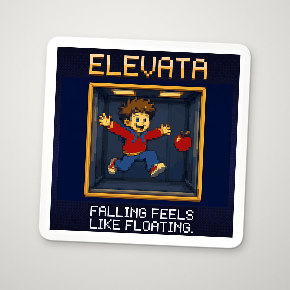 Pixel-art sticker of Elevata, personifying Equivalence Principle, with the caption “Falling Feels Like Floating.”