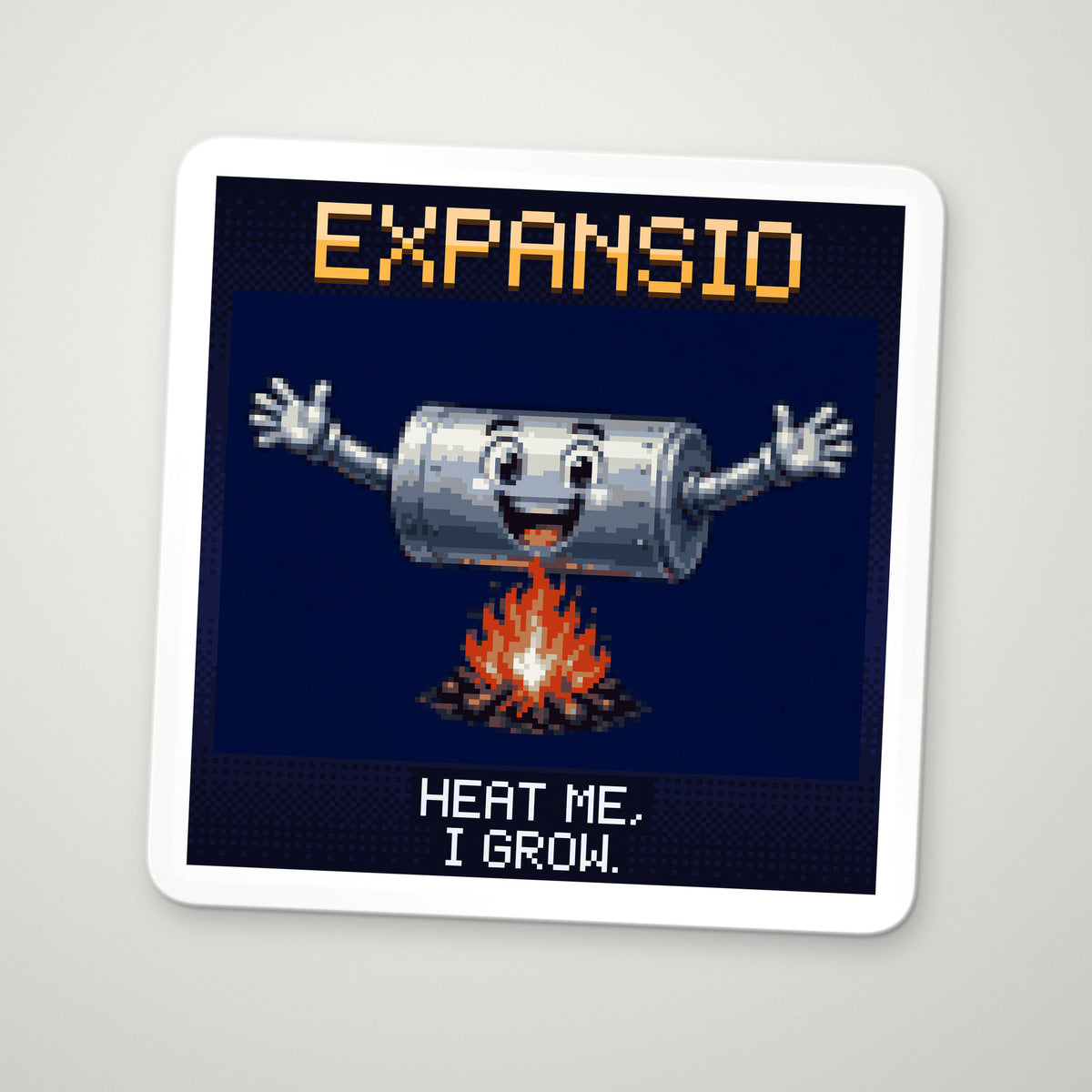 Pixel-art sticker of Expansio, personifying Thermal Expansion, with the caption “Heat Me, I Grow.”