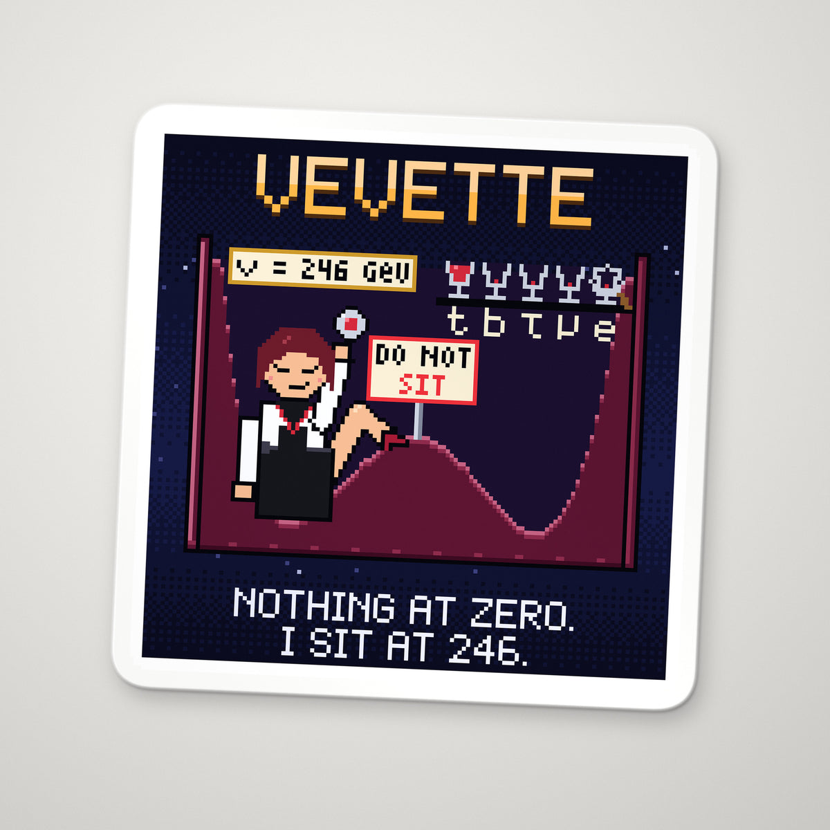 Vevette navy pixel-art physics sticker, Higgs field