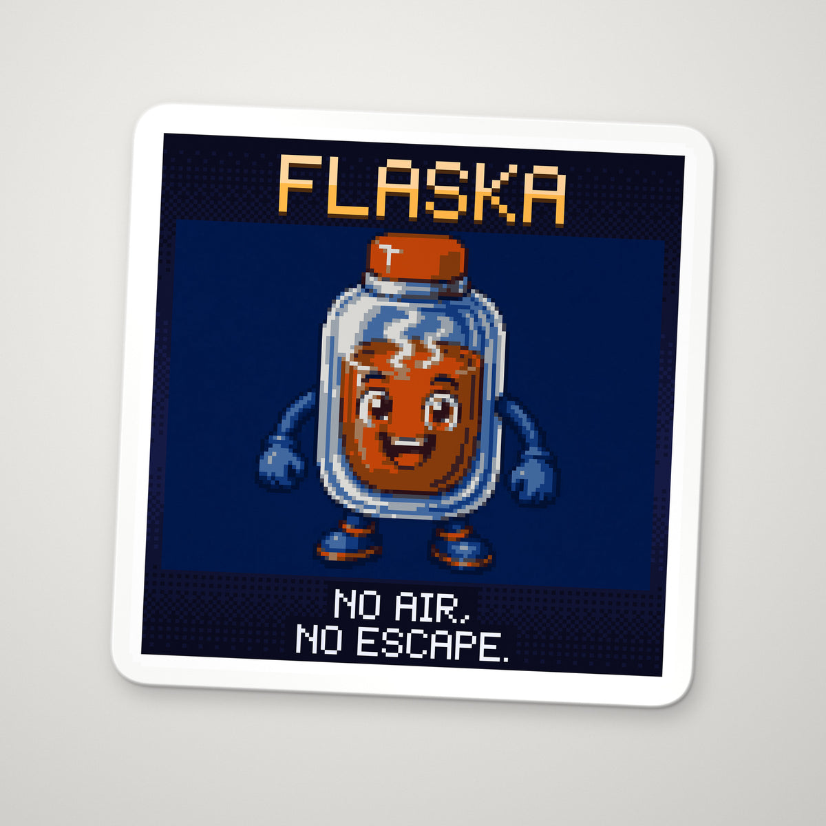 Pixel-art sticker of Flaska, personifying Vacuum Flask, with the caption “No Air, No Escape.”