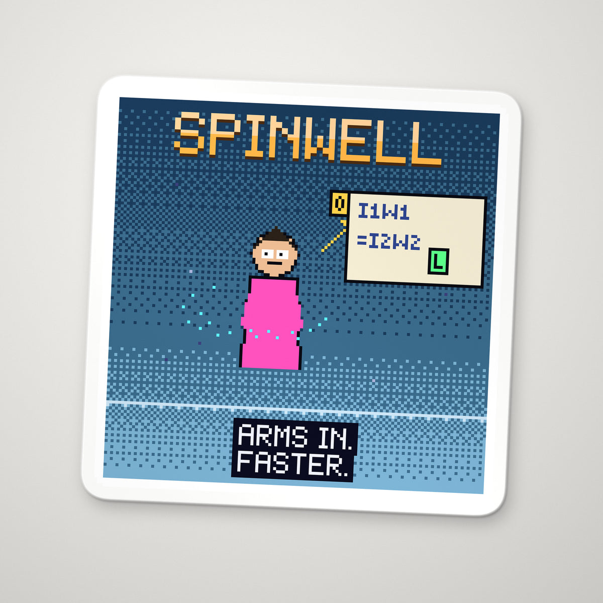 Spinwell pixel-art physics sticker – angular momentum conservation, arms in faster