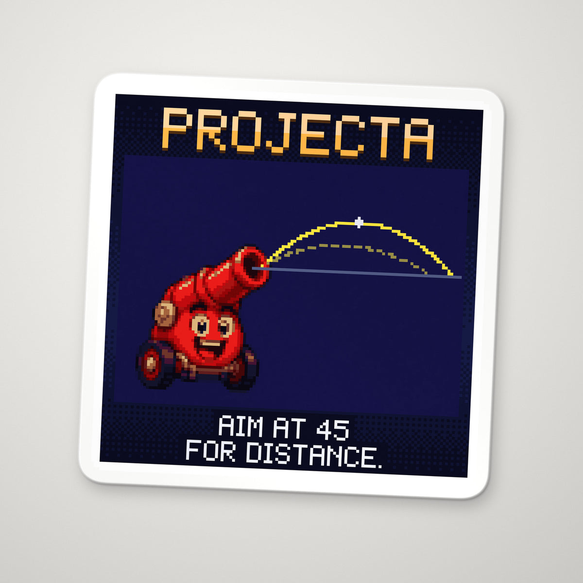 Pixel-art sticker of Projecta, personifying Projectile Range, with the caption “Aim At 45 For Distance.”