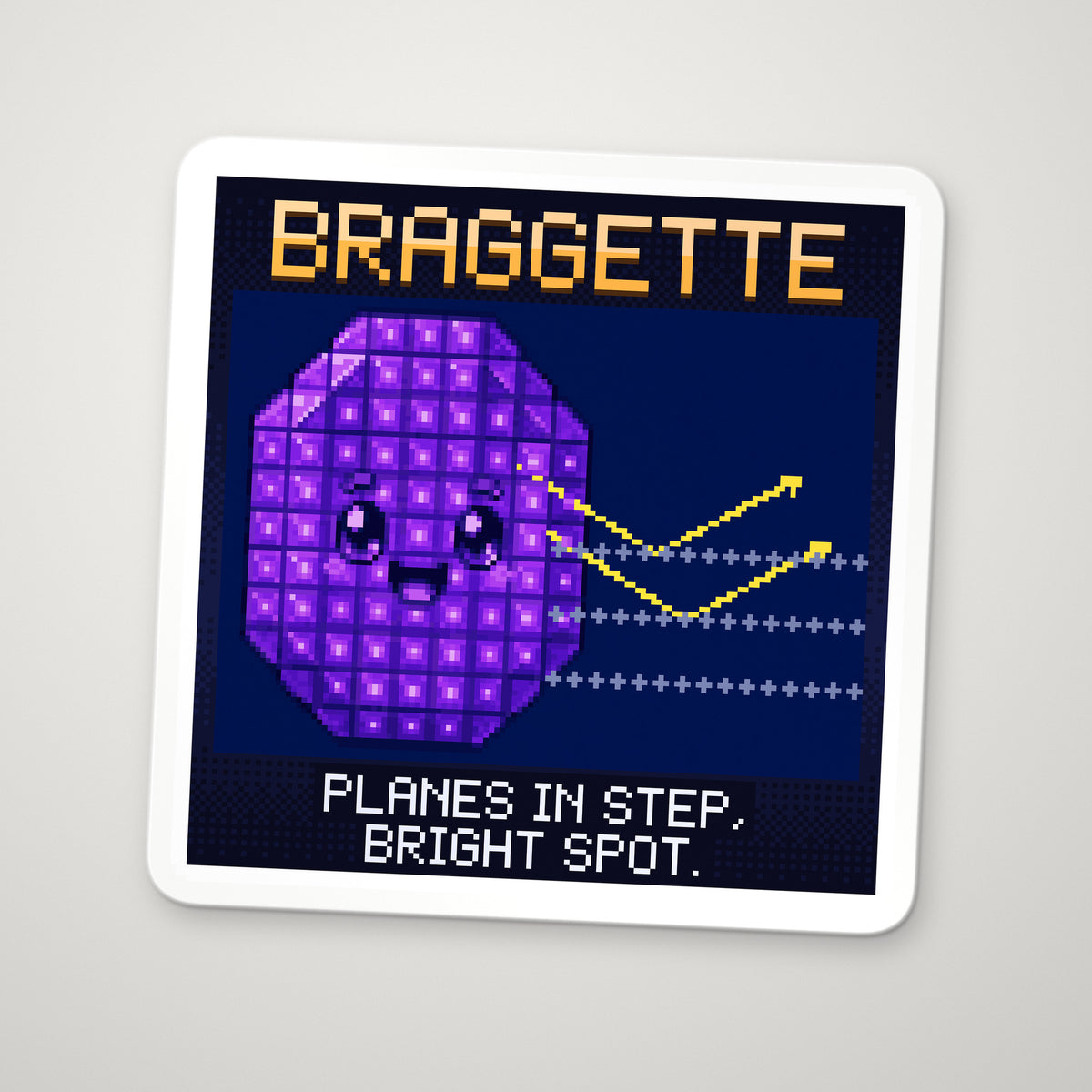 Pixel-art sticker of Braggette, personifying Bragg's Law, with the caption “Planes In Step, Bright Spot.”