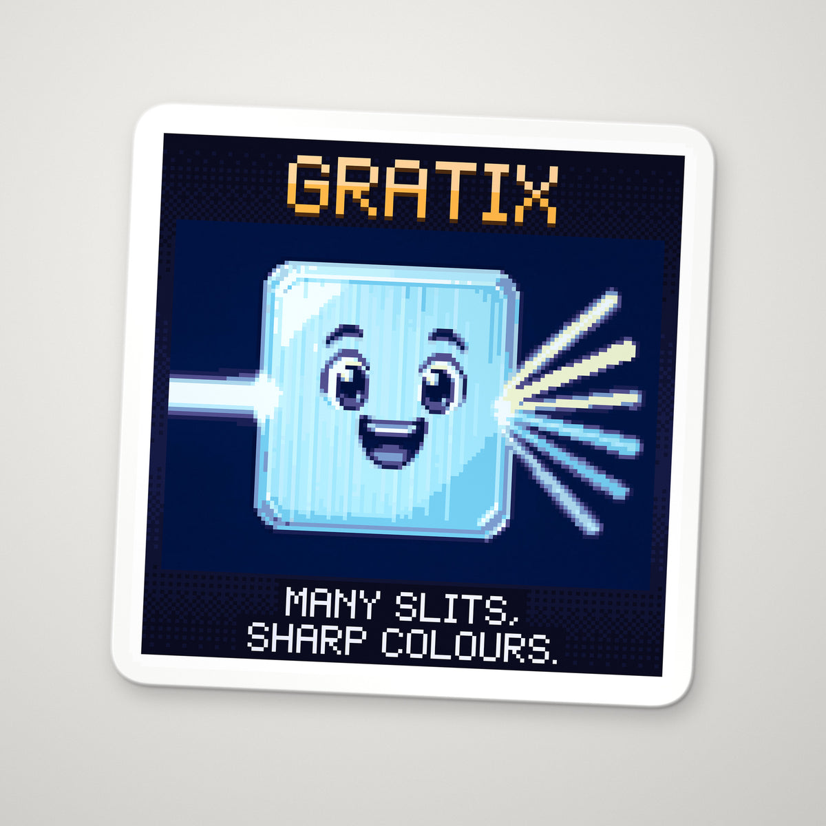 Pixel-art sticker of Gratix, personifying Diffraction Grating, with the caption “Many Slits, Sharp Colours.”