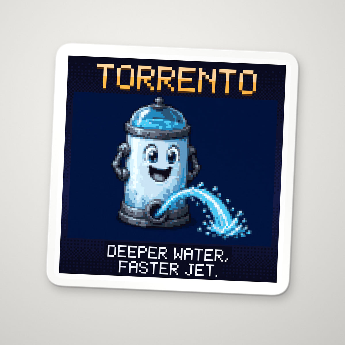 Pixel-art sticker of Torrento, personifying Torricelli's Law, with the caption “Deeper Water, Faster Jet.”