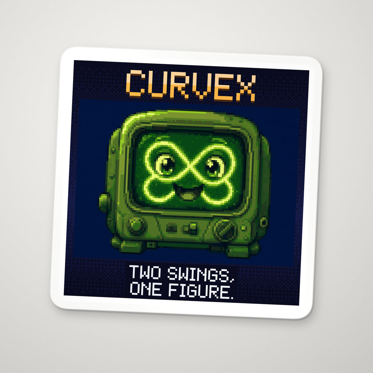 Pixel-art sticker of Curvex, personifying Lissajous Figures, with the caption “Two Swings, One Figure.”