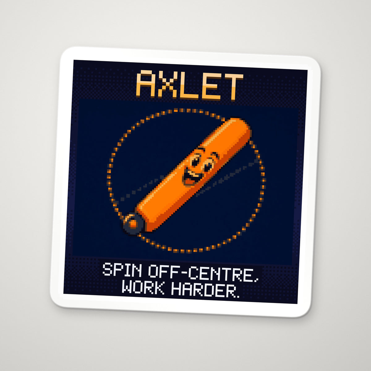 Pixel-art sticker of Axlet, personifying Parallel Axis Theorem, with the caption “Spin Off-Centre, Work Harder.”