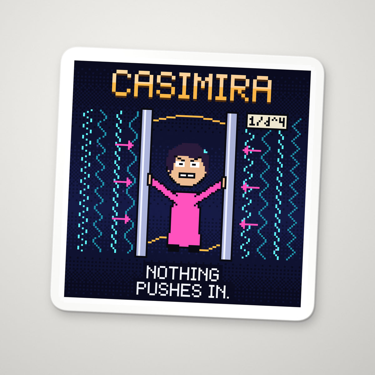 Casimira pixel-art physics sticker – Casimir effect, two plates pulled together