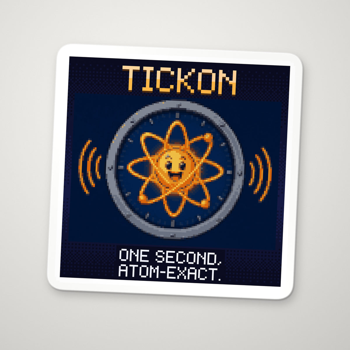 Pixel-art sticker of Tickon, personifying Caesium Clock, with the caption “One Second, Atom-Exact.”