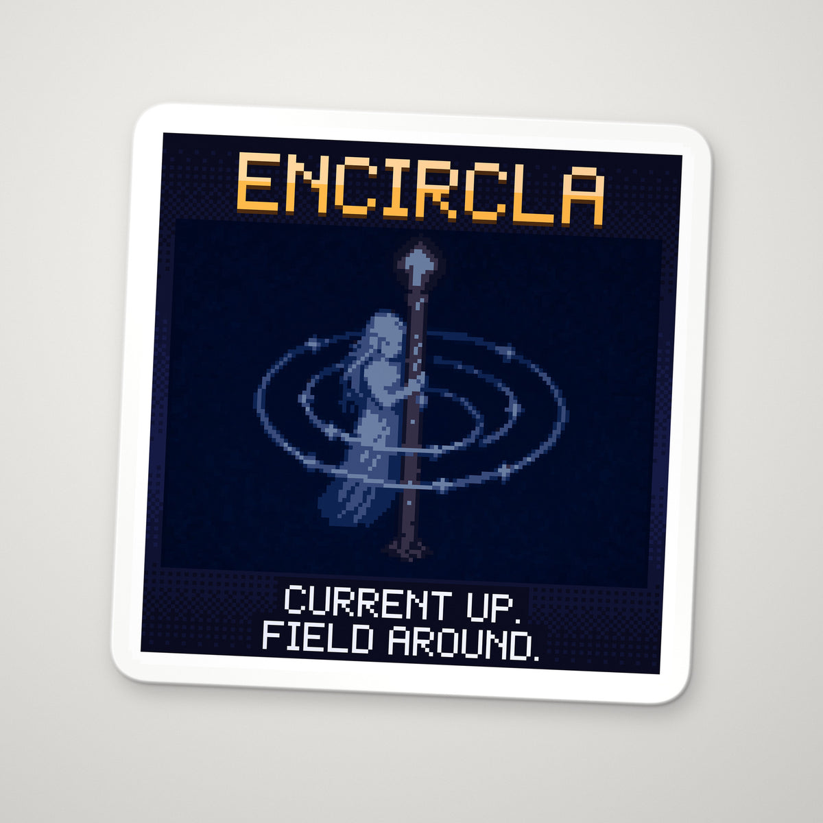 Pixel-art sticker of Encircla, personifying Ampère's Law (Long Straight Wire), with the caption "Current Up. Field Around."