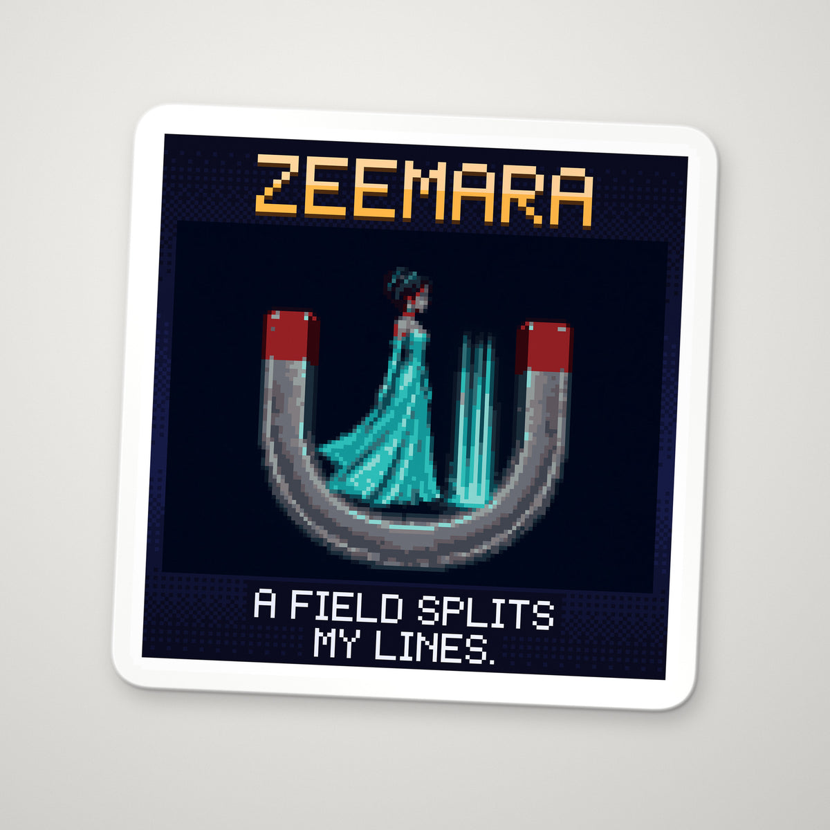 Pixel-art sticker of Zeemara, personifying Zeeman Effect, with the caption "A Field Splits My Lines."