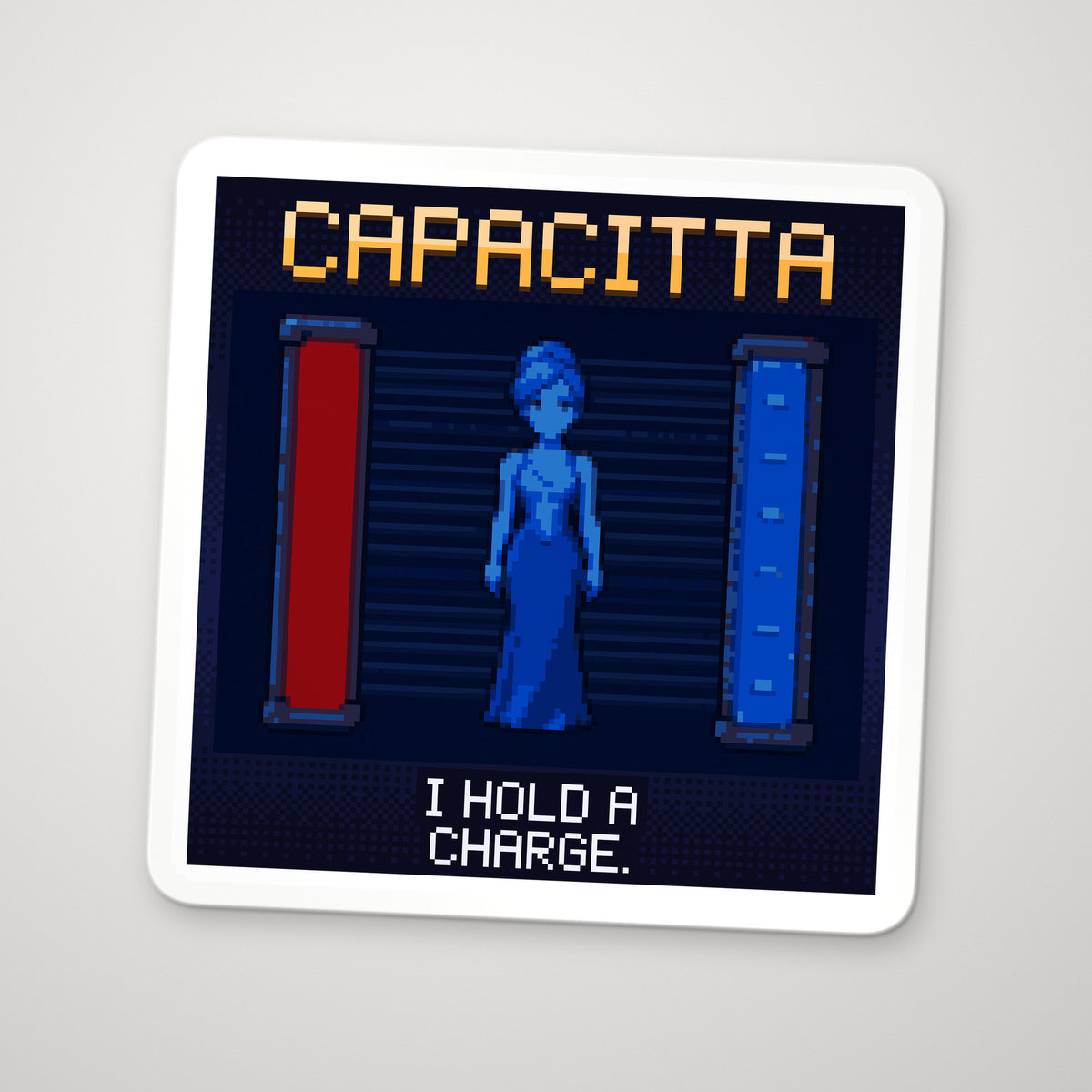 Pixel-art sticker of Capacitta, personifying Parallel-Plate Capacitor, with the caption "I Hold A Charge."