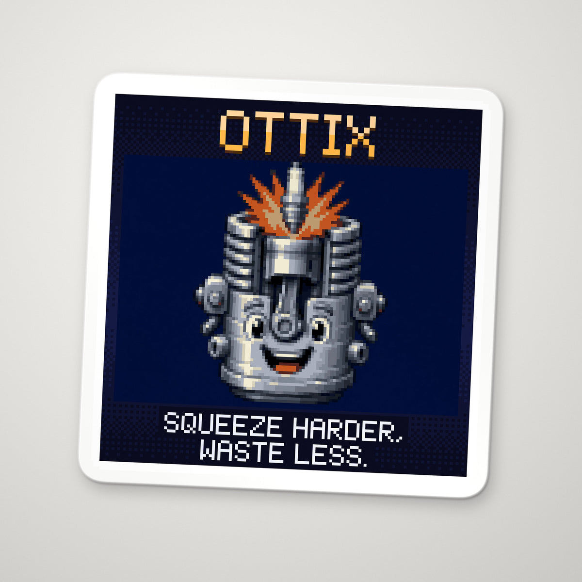 Pixel-art sticker of Ottix, personifying Otto Cycle Efficiency, with the caption “Squeeze Harder, Waste Less.”