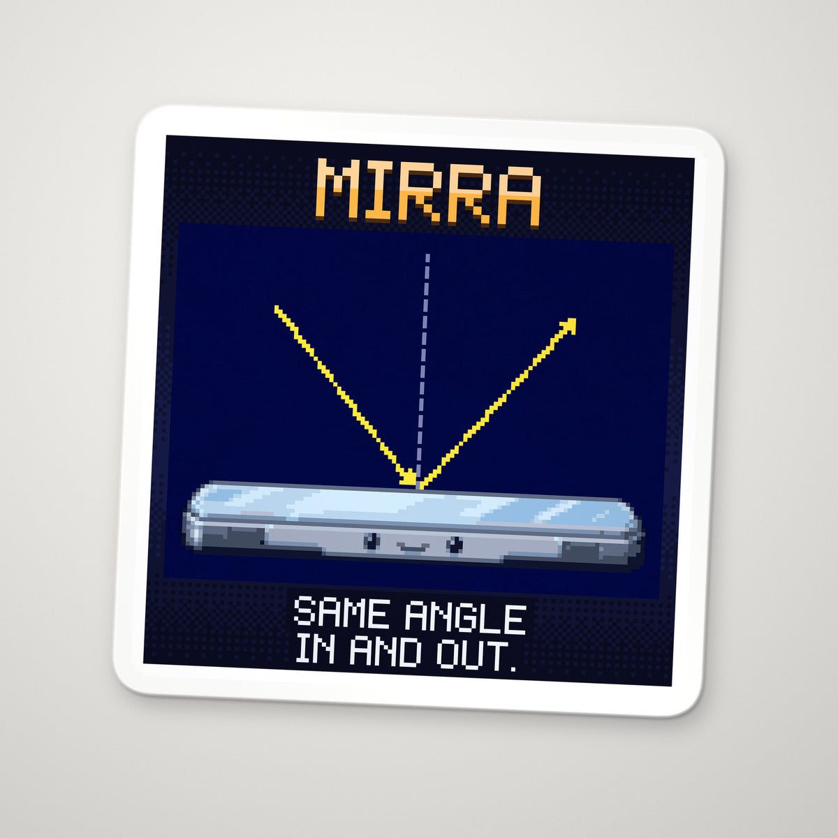 Pixel-art sticker of Mirra, personifying Law of Reflection, with the caption “Same Angle In And Out.”