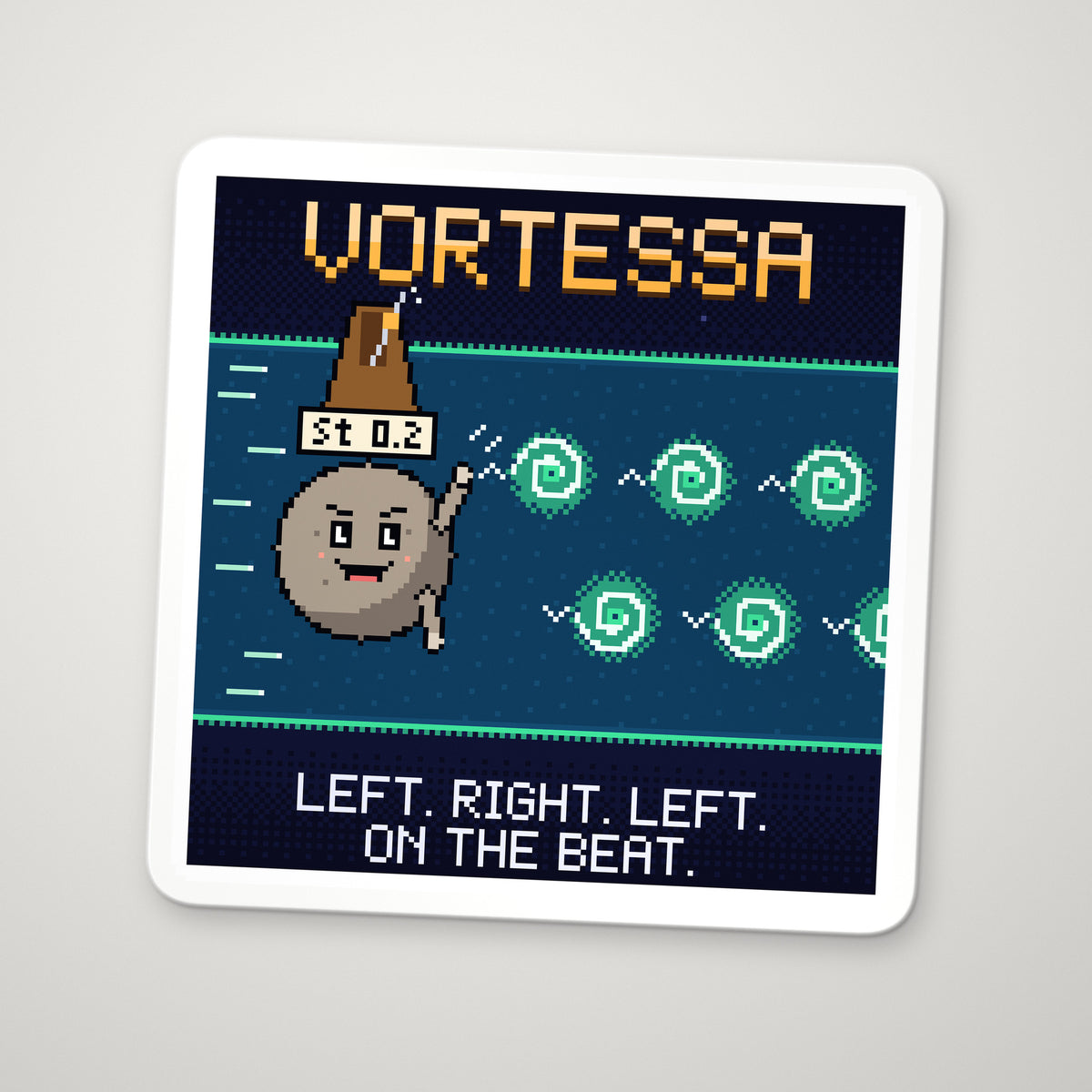 Vortessa navy pixel-art physics sticker, Kármán vortex street