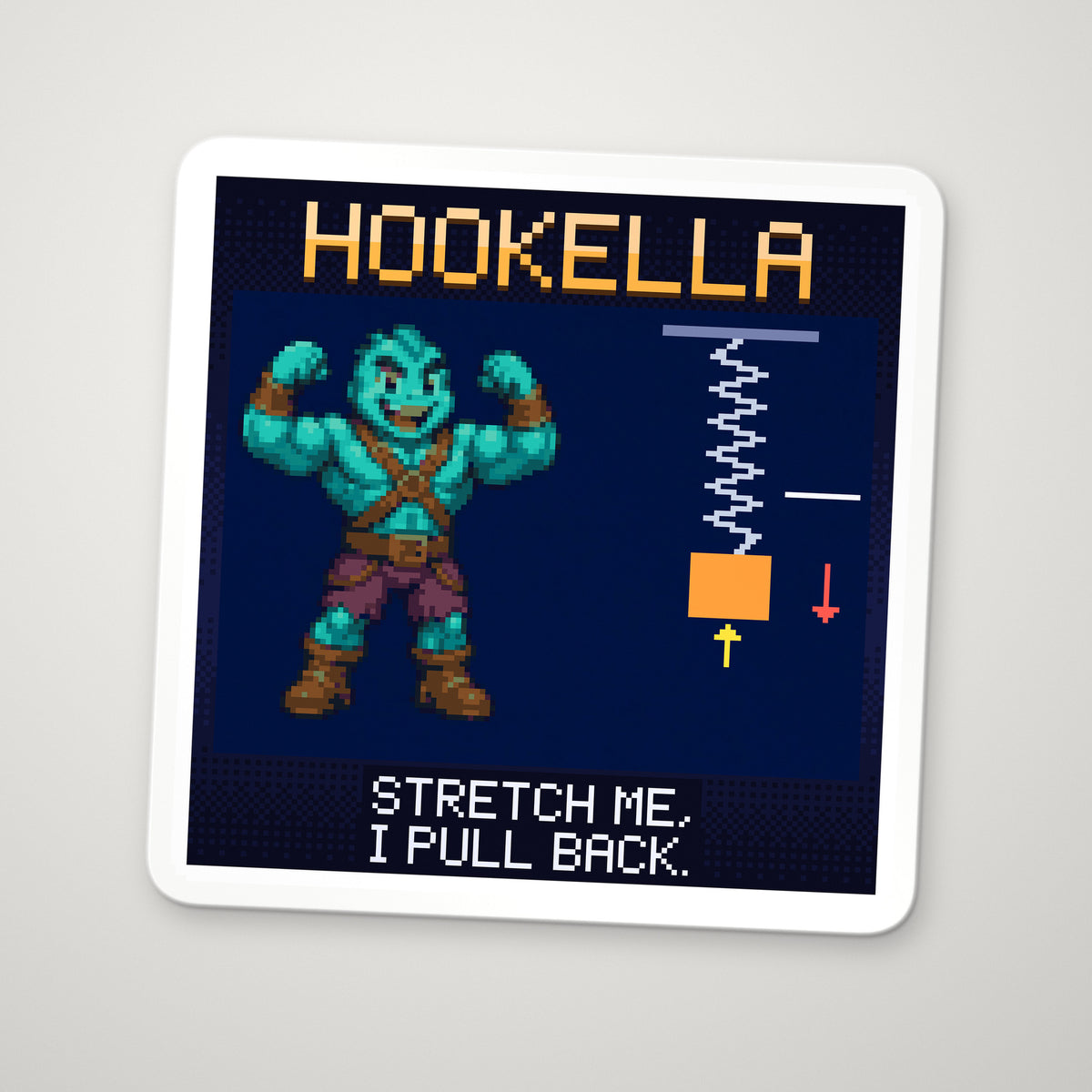 Pixel-art sticker of Hookella, personifying Hooke's Law, with the caption “Stretch Me, I Pull Back.”