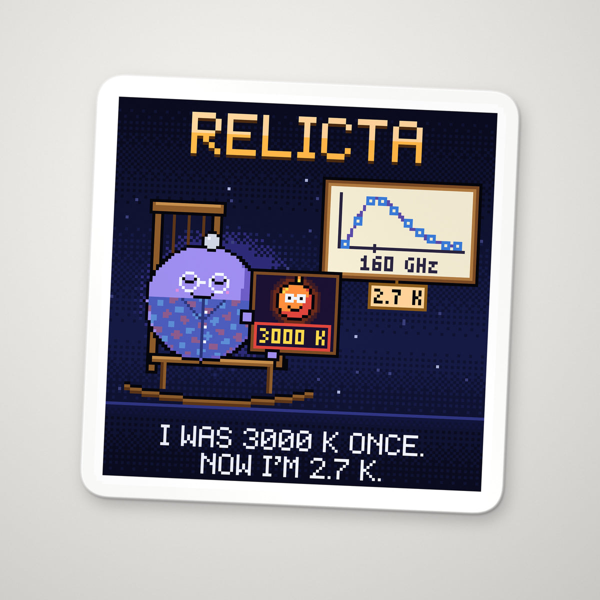 Relicta navy pixel-art physics sticker, cosmic microwave background